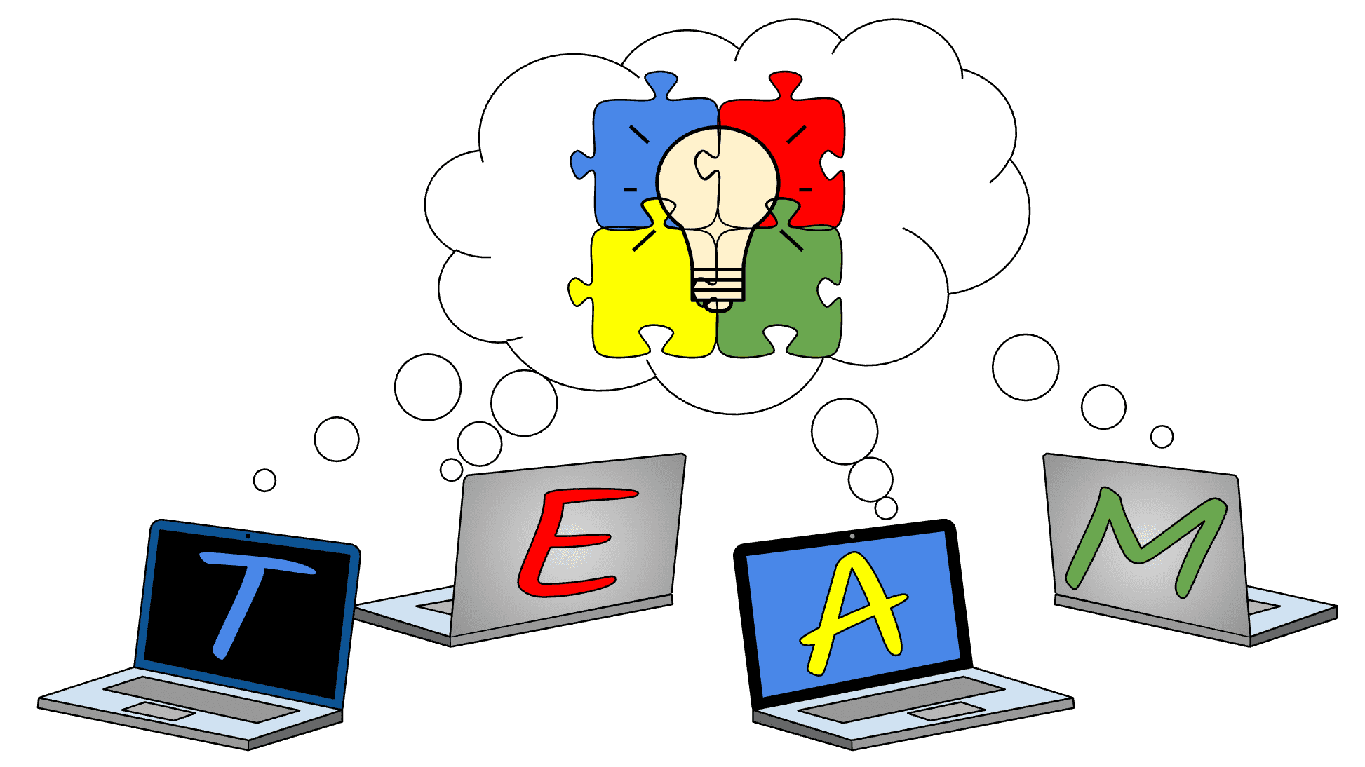 Picture with four laptops and letters T E A M illustrating teamwork