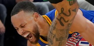 Golden State Warriors guard Stephen Curry was injured in Wednesday's loss to the Boston Celtics (AP)