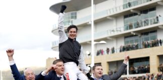 Danny Mullins is lifted around the Cheltenham parade ring by Flooring Porter's owners after winning the Stayers' Hurdle