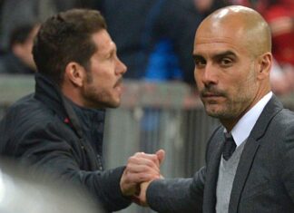 Pep Guardiola, then Bayern Munich coach, and Diego Simeone after Champions League semi-final in 2016