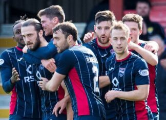 Alex Iakoviti (16) celebrates his goal with his Ross County teammates to make it 1-0 during the Premier League match between Ross County and Hearts at Global Energy Stadium
